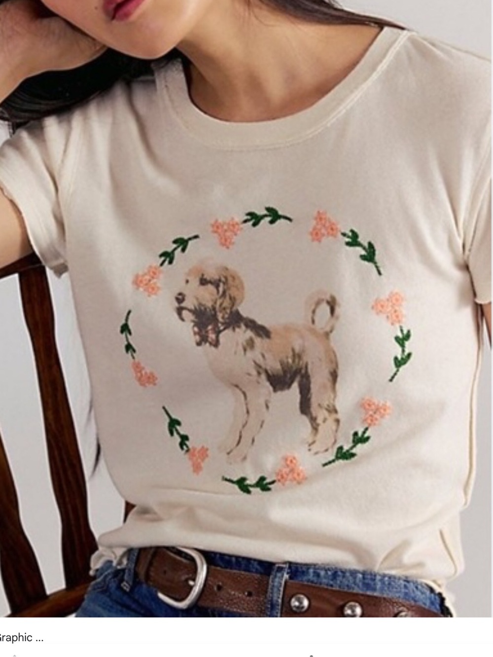 Cream Dog Graphic Tee with Floral Wreath